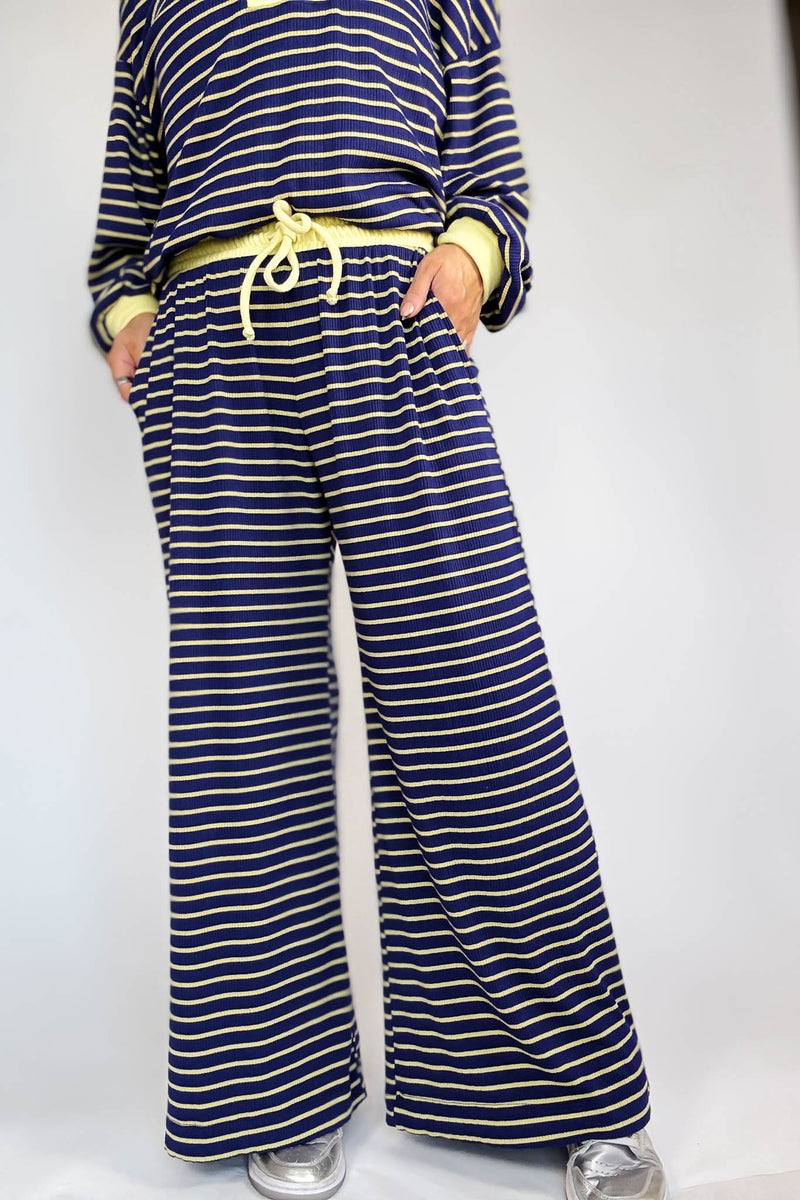 Bucketlist Blue And Yellow Drawstring Waist Stripe Print Ribbed Sweatpants
