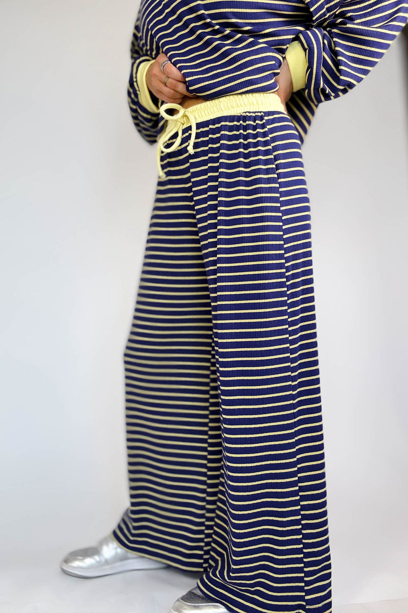 Bucketlist Blue And Yellow Drawstring Waist Stripe Print Ribbed Sweatpants