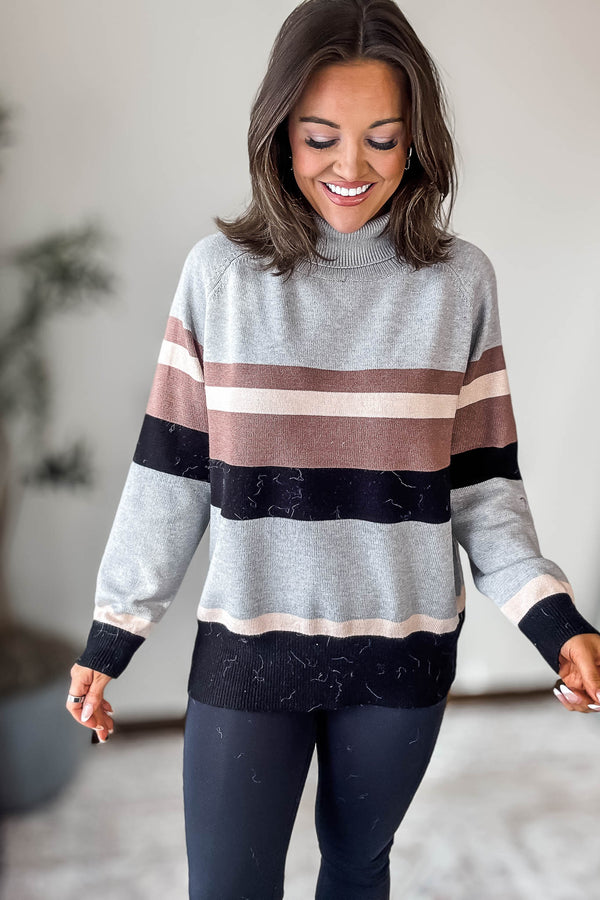 Grey And Black Multi Stripe Turtleneck Sweater