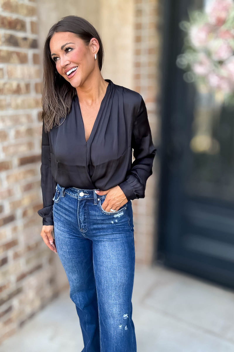 Button Front Black Long Sleeve V Neck Loose Fit Bodysuit