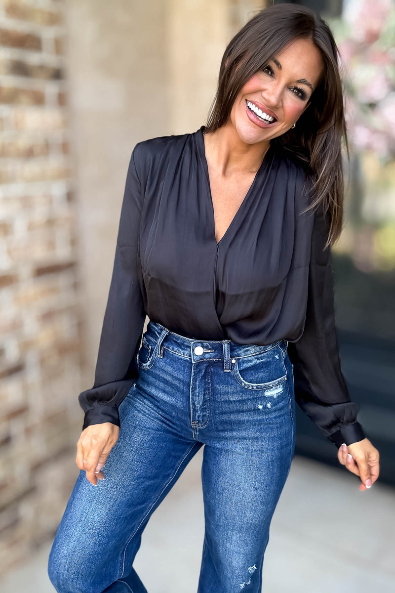 Button Front Black Long Sleeve V Neck Loose Fit Bodysuit