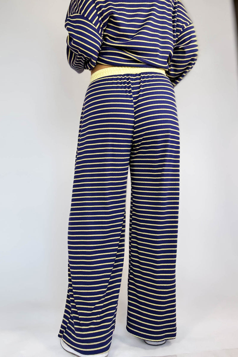 Bucketlist Blue And Yellow Drawstring Waist Stripe Print Ribbed Sweatpants