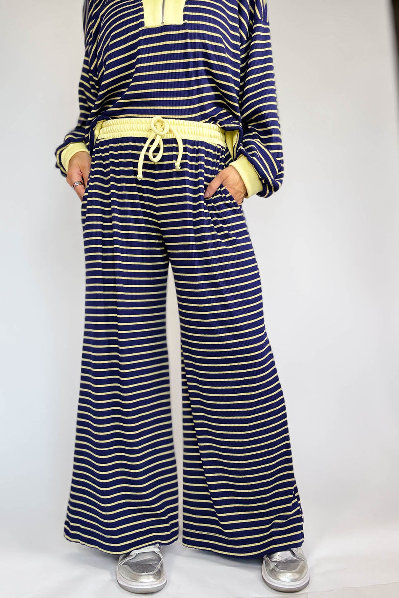 Bucketlist Blue And Yellow Drawstring Waist Stripe Print Ribbed Sweatpants
