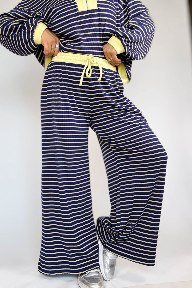 Bucketlist Blue And Yellow Drawstring Waist Stripe Print Ribbed Sweatpants