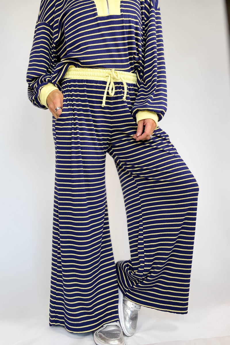 Bucketlist Blue And Yellow Drawstring Waist Stripe Print Ribbed Sweatpants