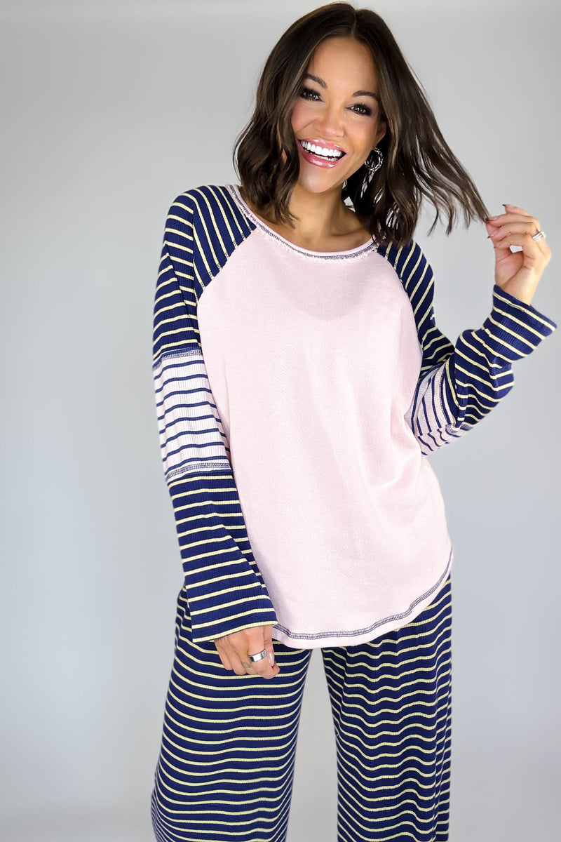Bucketlist Striped Contrast Raglan Sleeve Top