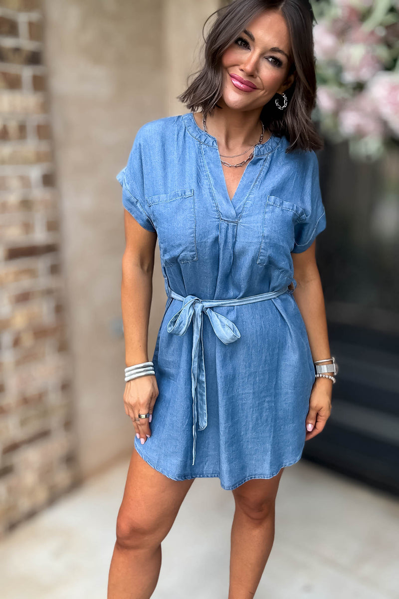 Belted Chambray Cuff Sleeve Mini Shirt Dress