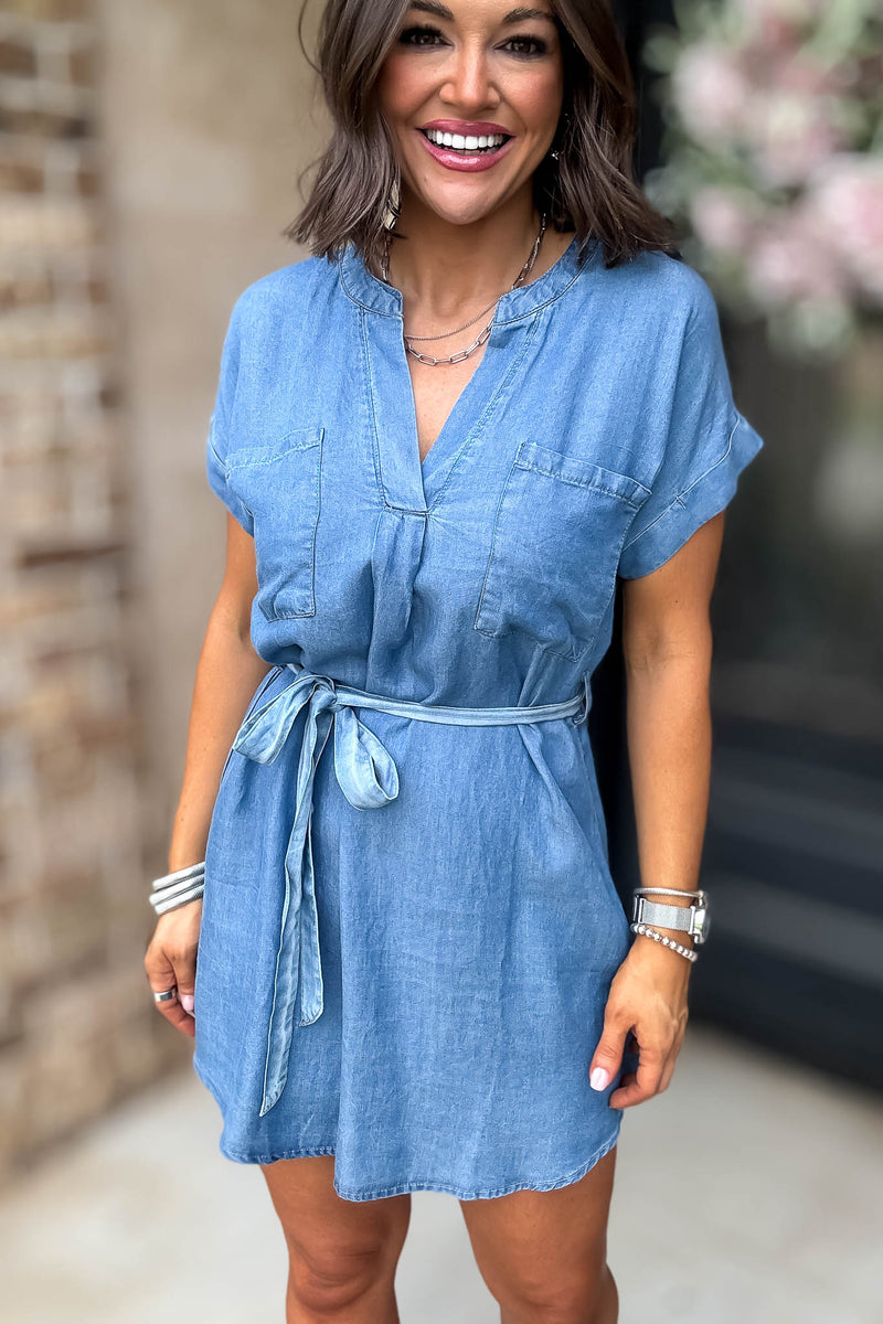 Belted Chambray Cuff Sleeve Mini Shirt Dress