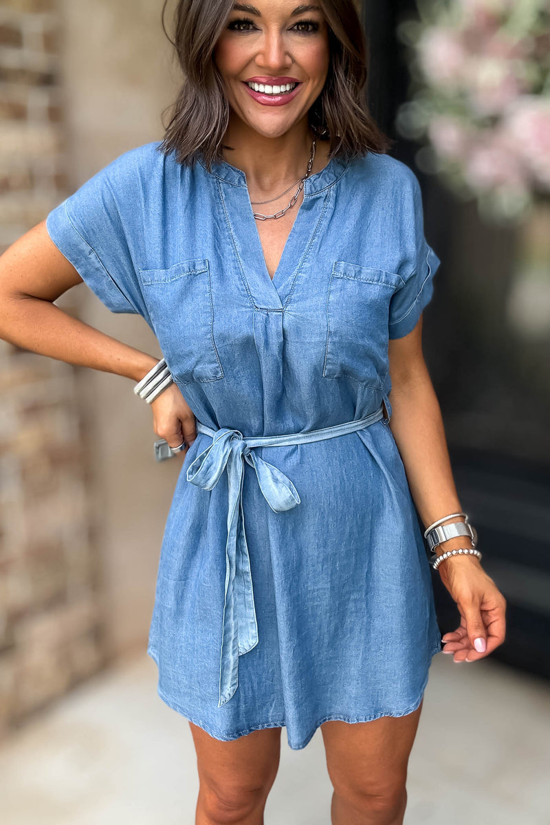 Belted Chambray Cuff Sleeve Mini Shirt Dress