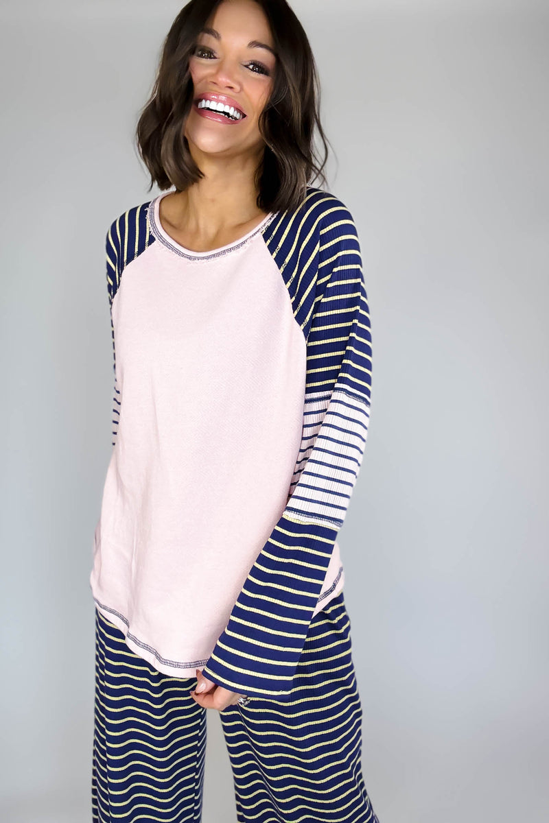Bucketlist Striped Contrast Raglan Sleeve Top