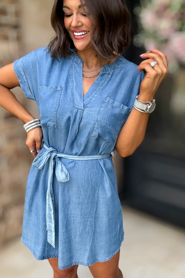 Belted Chambray Cuff Sleeve Mini Shirt Dress