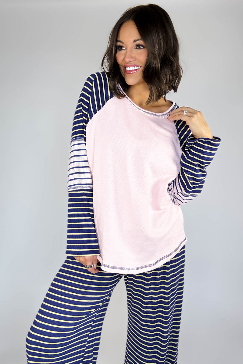 Bucketlist Striped Contrast Raglan Sleeve Top