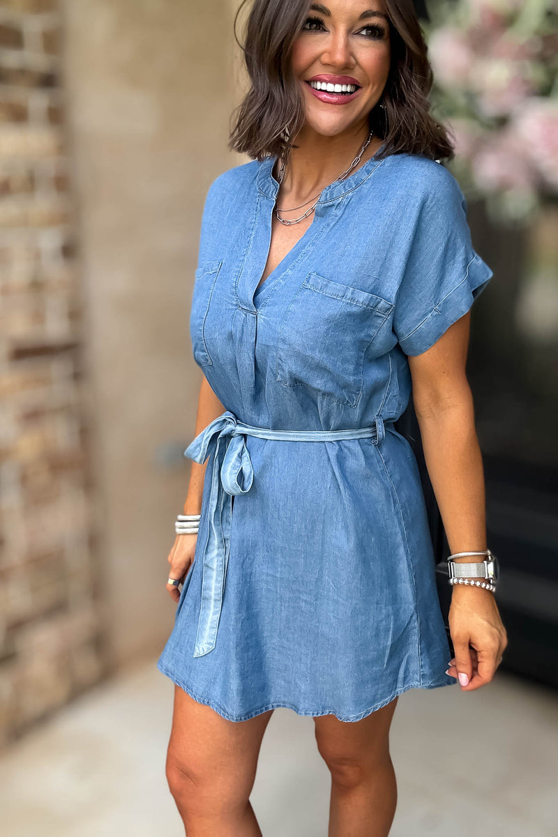 Belted Chambray Cuff Sleeve Mini Shirt Dress