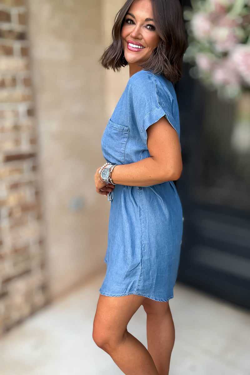 Belted Chambray Cuff Sleeve Mini Shirt Dress