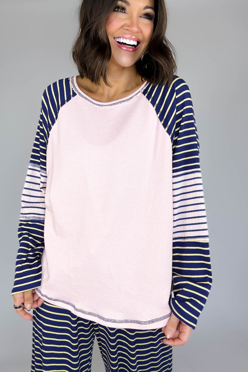 Bucketlist Striped Contrast Raglan Sleeve Top