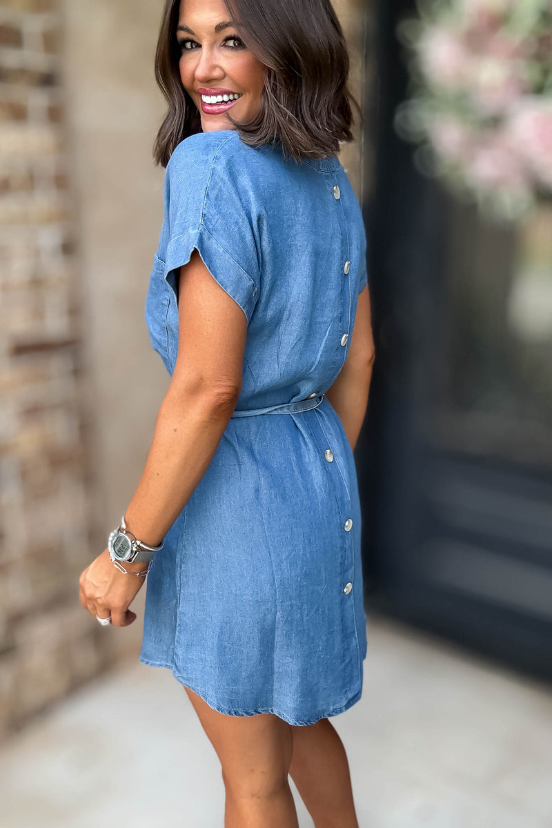 Belted Chambray Cuff Sleeve Mini Shirt Dress