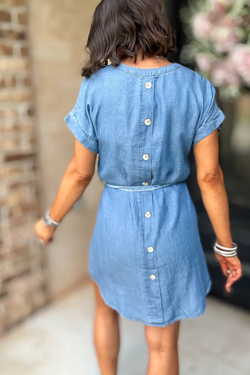 Belted Chambray Cuff Sleeve Mini Shirt Dress