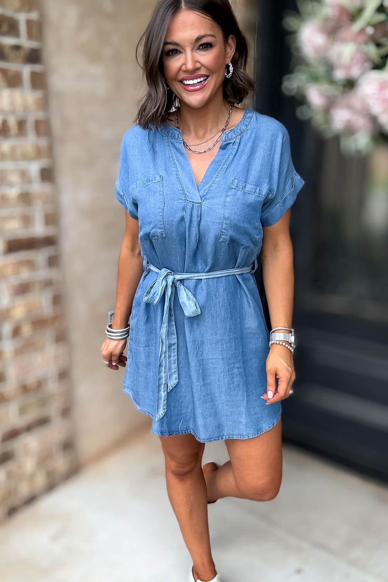 Belted Chambray Cuff Sleeve Mini Shirt Dress