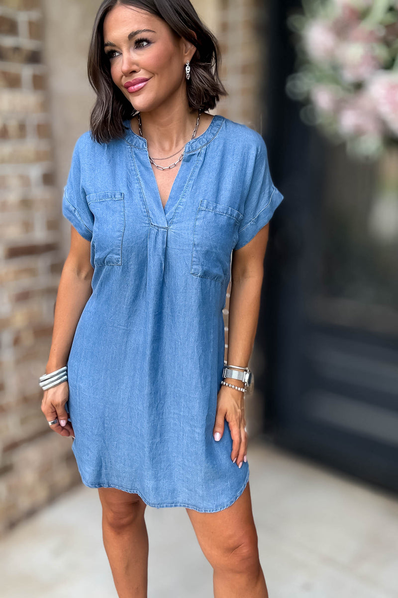 Belted Chambray Cuff Sleeve Mini Shirt Dress