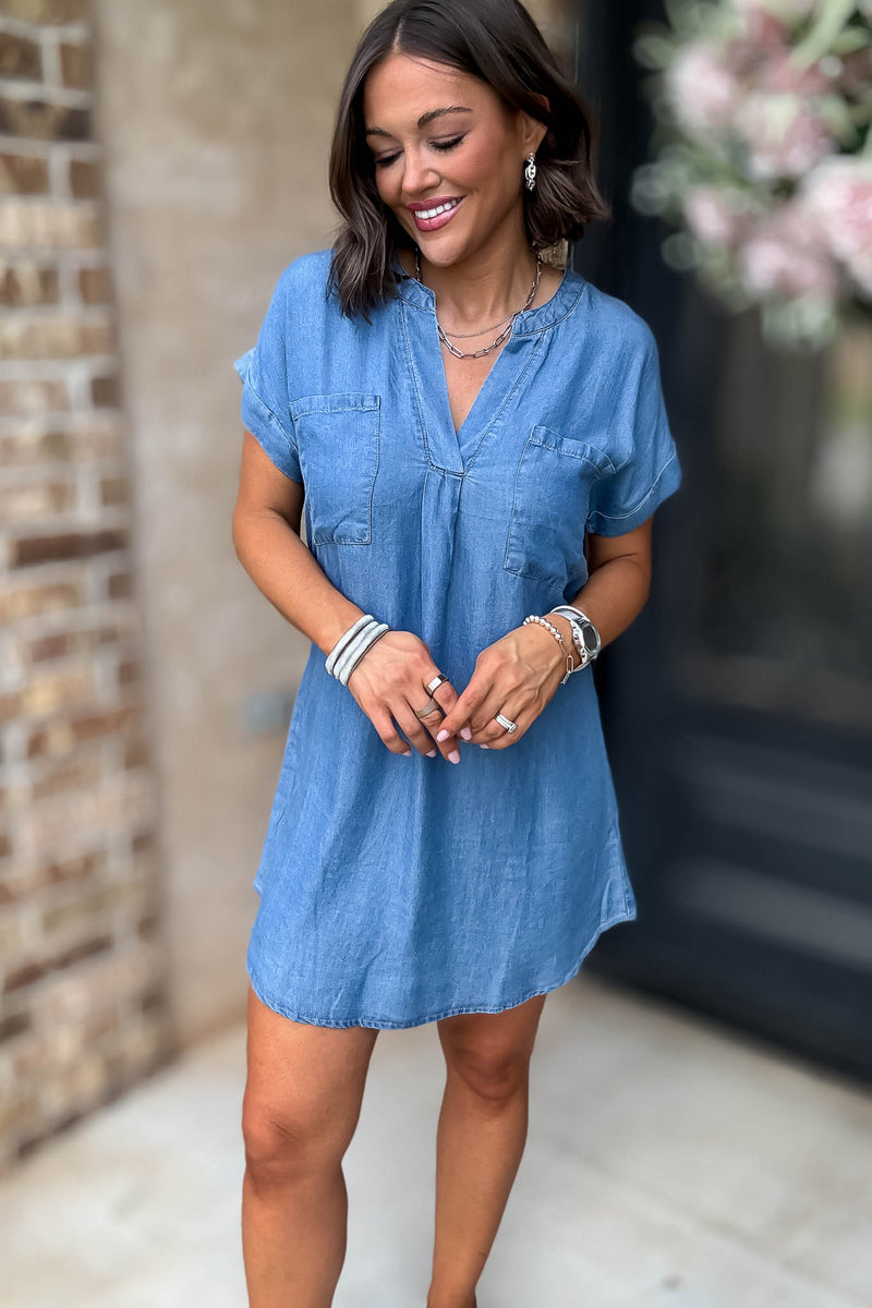Belted Chambray Cuff Sleeve Mini Shirt Dress