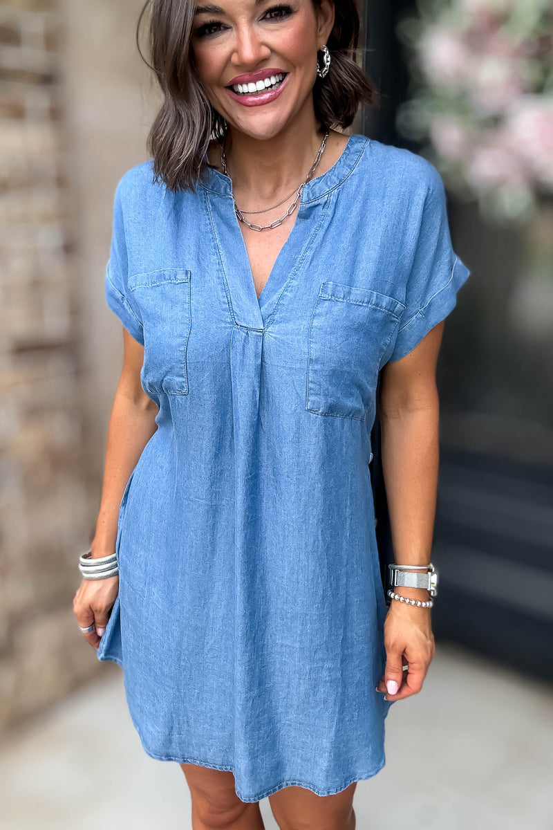 Belted Chambray Cuff Sleeve Mini Shirt Dress