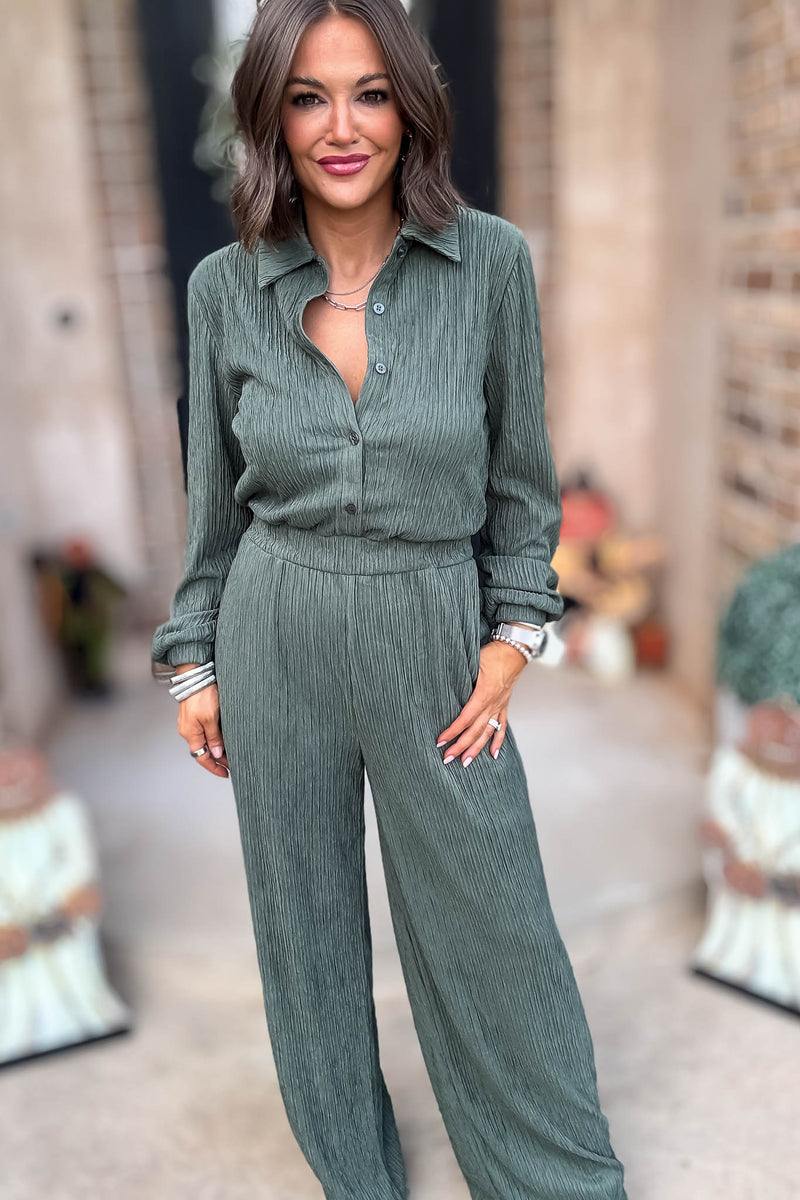 Crinkled Brown Plisse Button Up Casual Jumpsuit