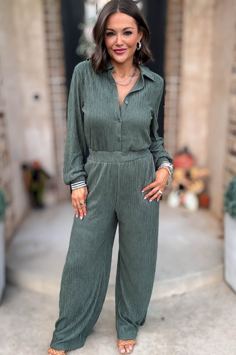 Crinkled Brown Plisse Button Up Casual Jumpsuit