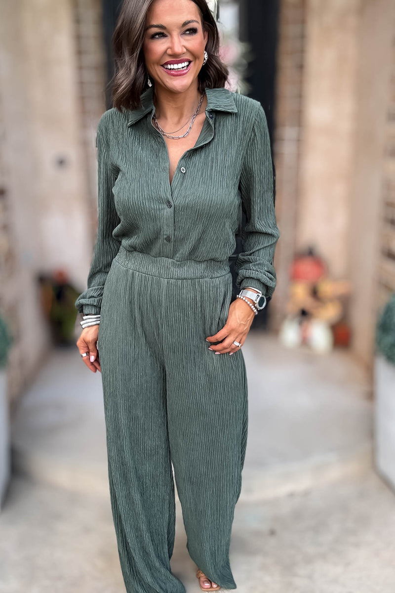 Crinkled Brown Plisse Button Up Casual Jumpsuit