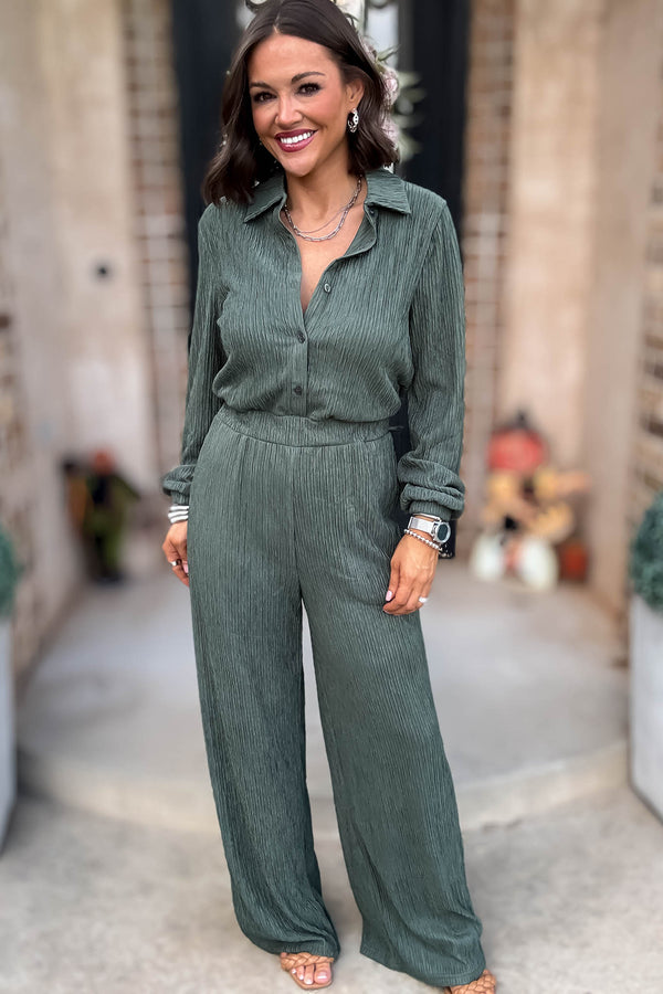 Crinkled Brown Plisse Button Up Casual Jumpsuit