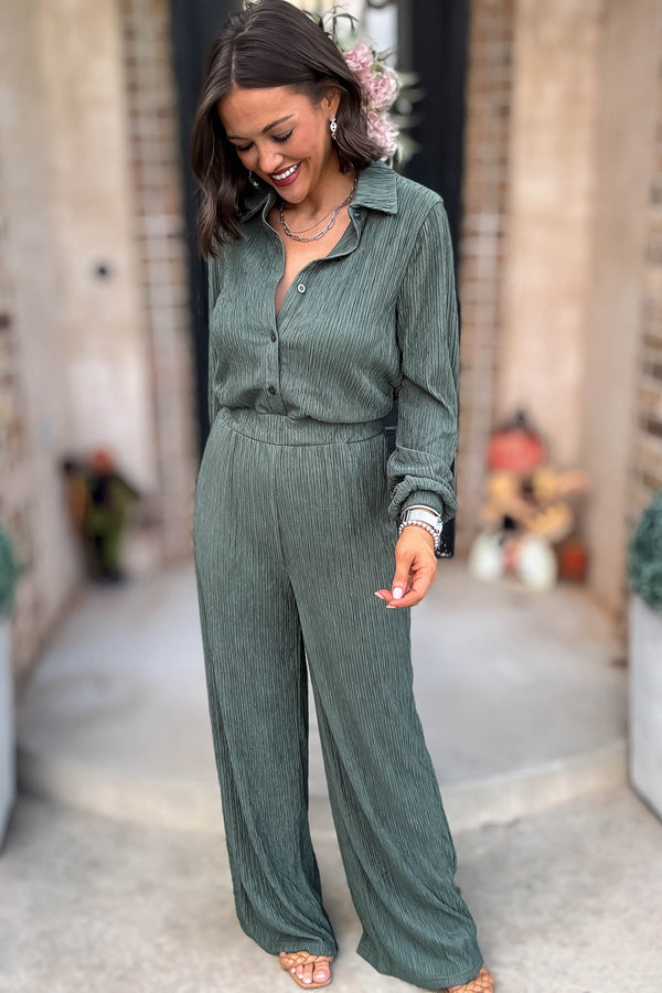 Crinkled Brown Plisse Button Up Casual Jumpsuit