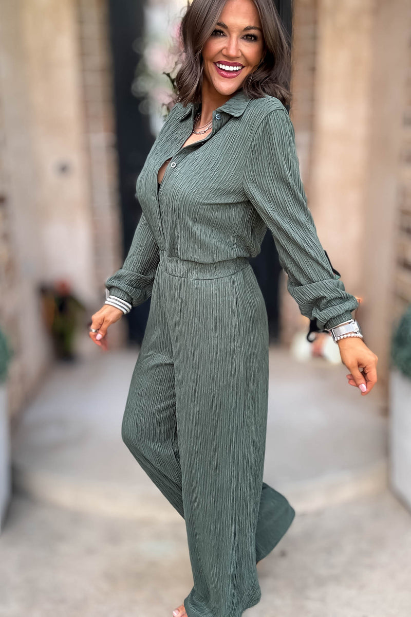 Crinkled Brown Plisse Button Up Casual Jumpsuit