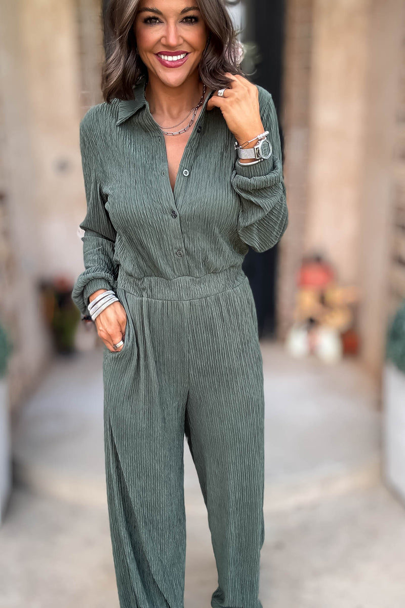 Crinkled Brown Plisse Button Up Casual Jumpsuit