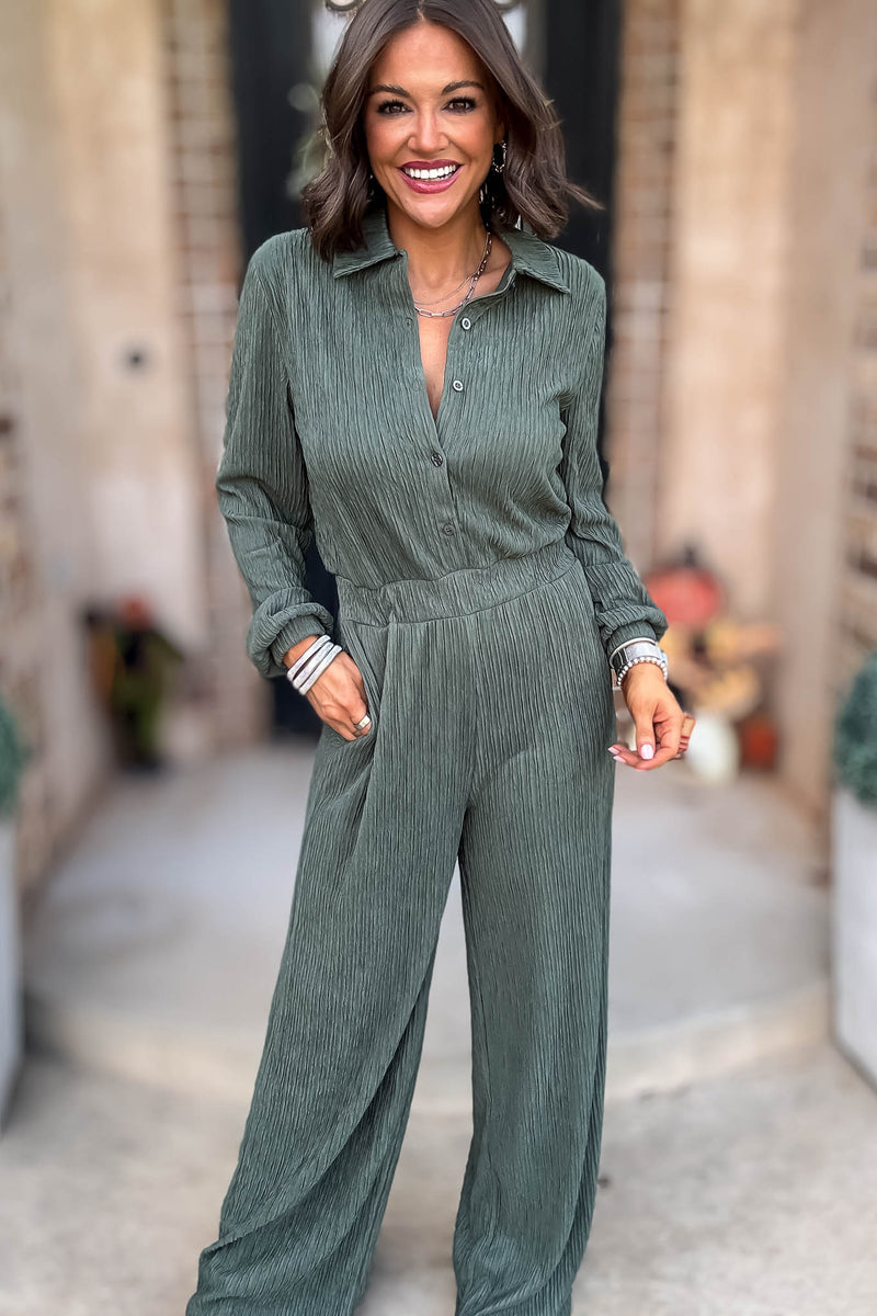Crinkled Brown Plisse Button Up Casual Jumpsuit