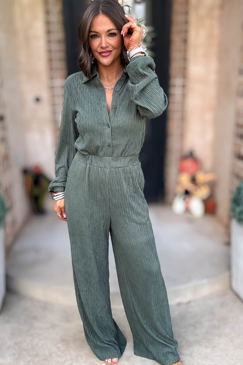 Crinkled Brown Plisse Button Up Casual Jumpsuit