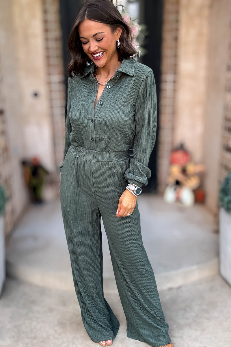 Crinkled Brown Plisse Button Up Casual Jumpsuit
