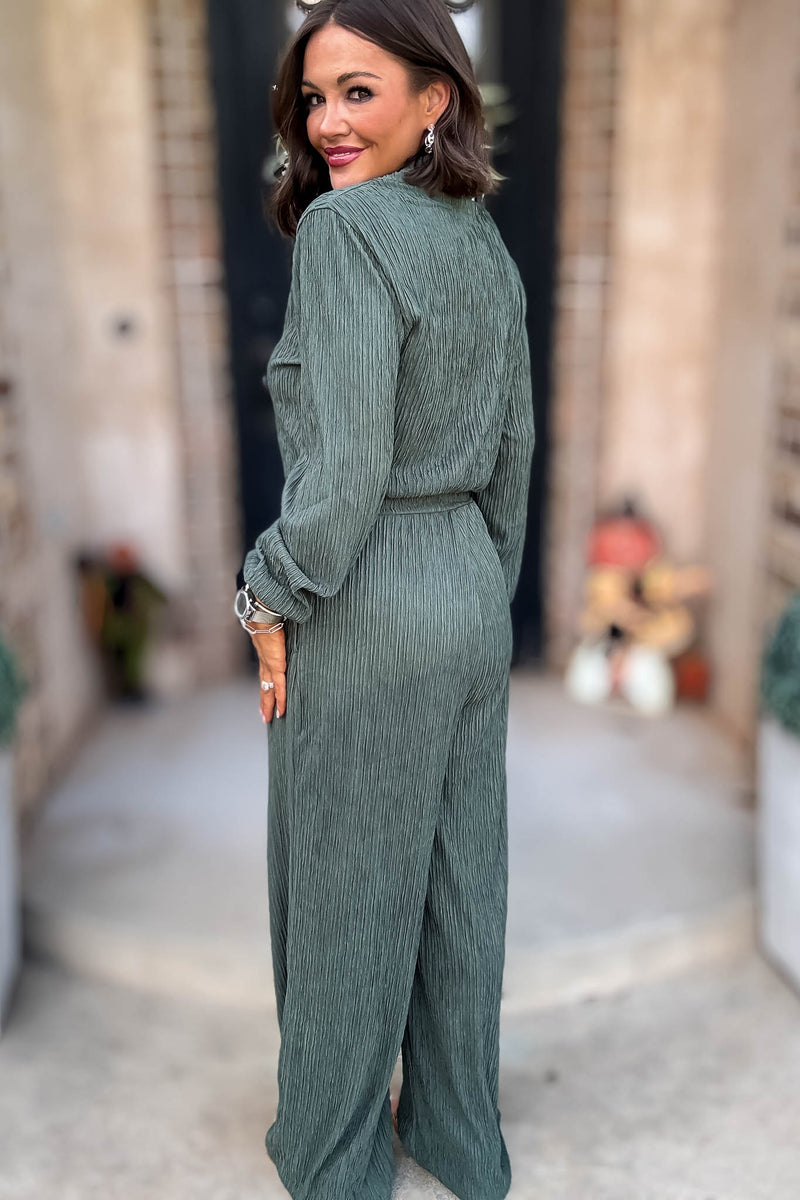 Crinkled Brown Plisse Button Up Casual Jumpsuit