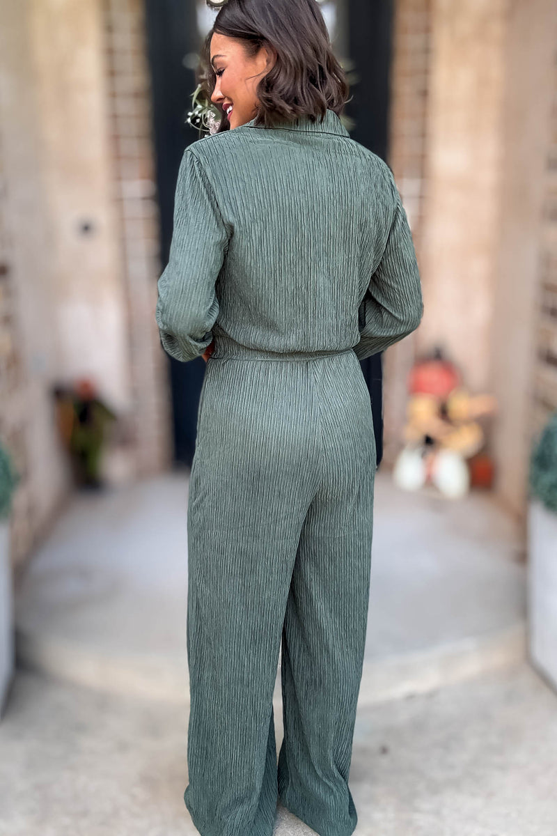 Crinkled Brown Plisse Button Up Casual Jumpsuit