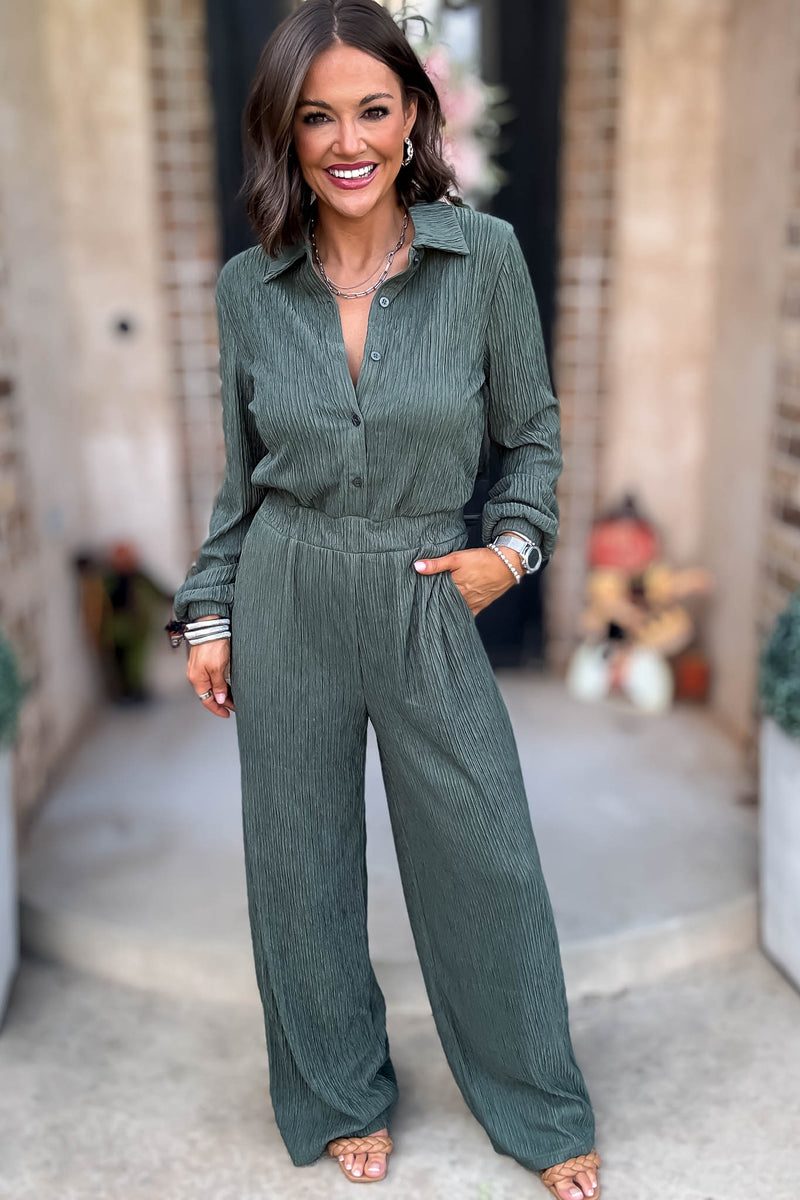 Crinkled Brown Plisse Button Up Casual Jumpsuit