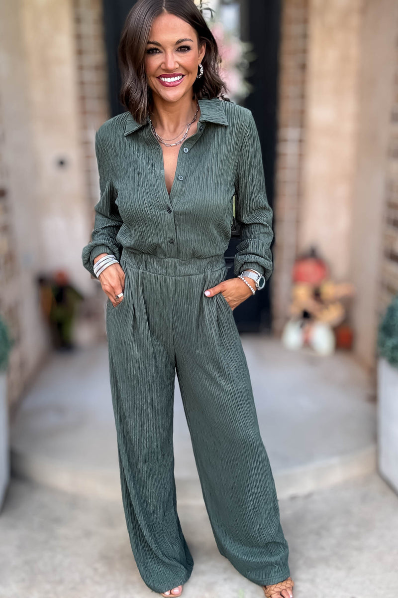 Crinkled Brown Plisse Button Up Casual Jumpsuit