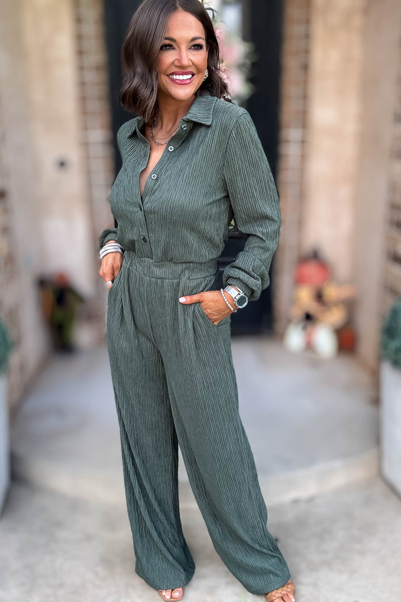 Crinkled Brown Plisse Button Up Casual Jumpsuit