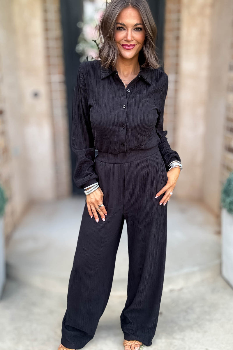 Crinkled Black Plisse Button Up Casual Jumpsuit