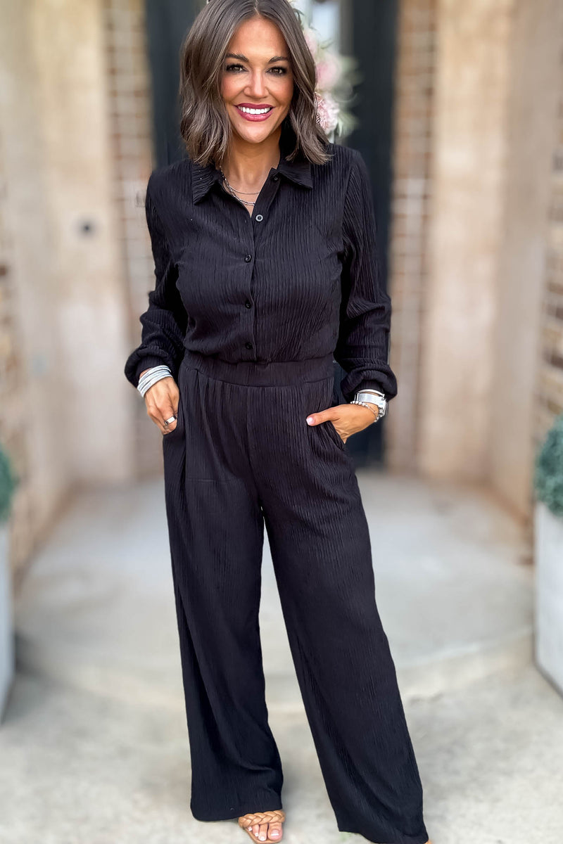 Crinkled Black Plisse Button Up Casual Jumpsuit