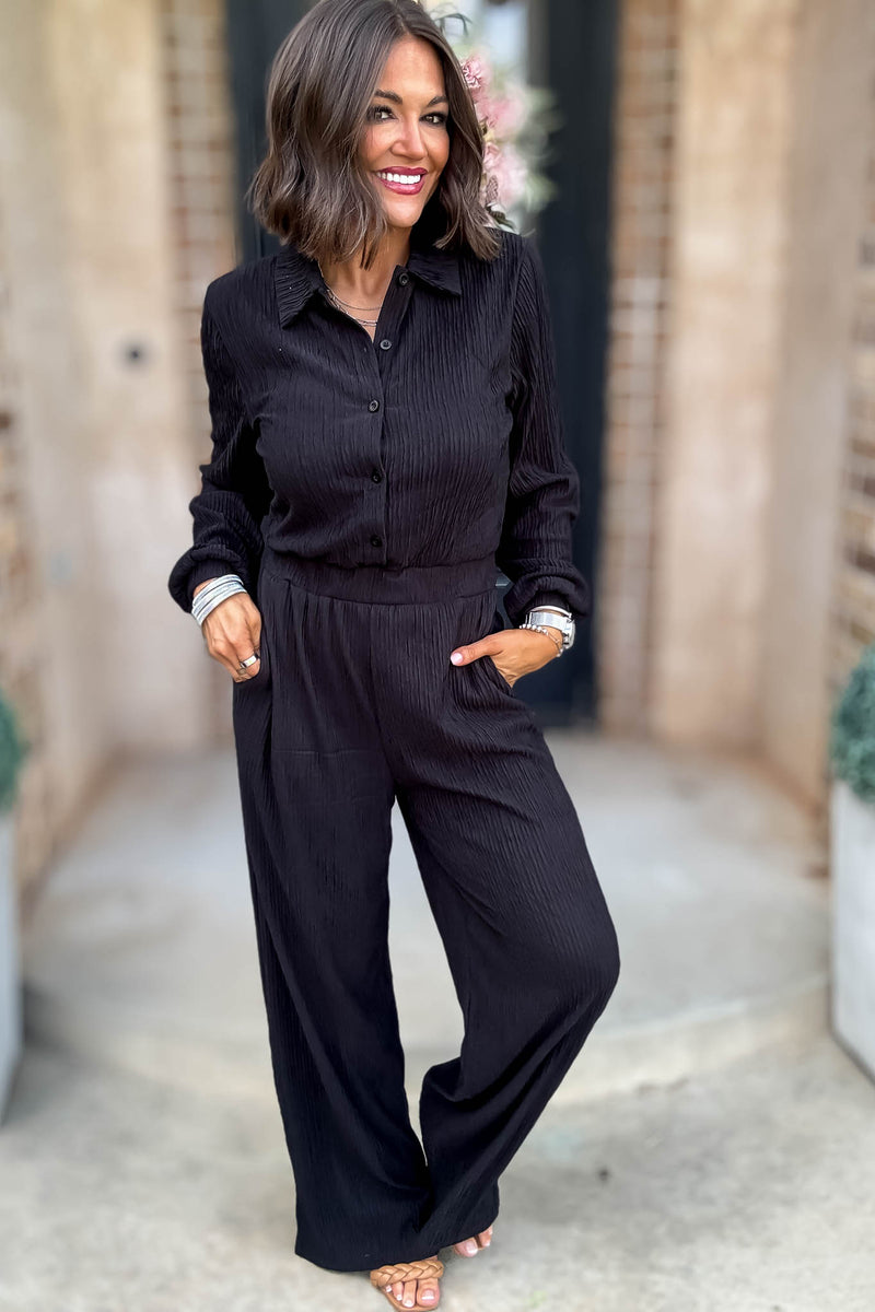 Crinkled Black Plisse Button Up Casual Jumpsuit