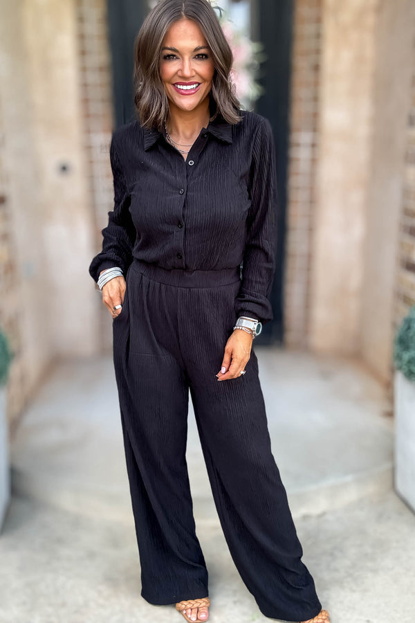 Crinkled Black Plisse Button Up Casual Jumpsuit