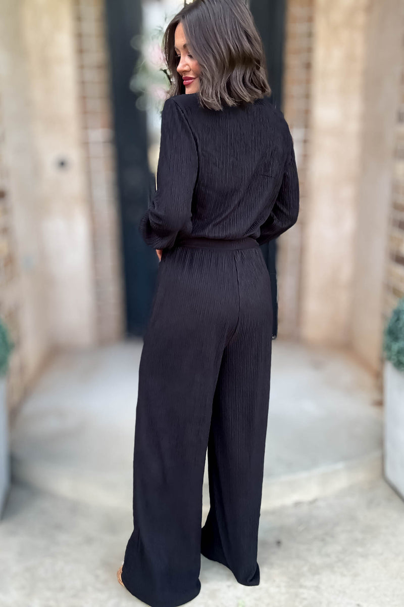 Crinkled Black Plisse Button Up Casual Jumpsuit