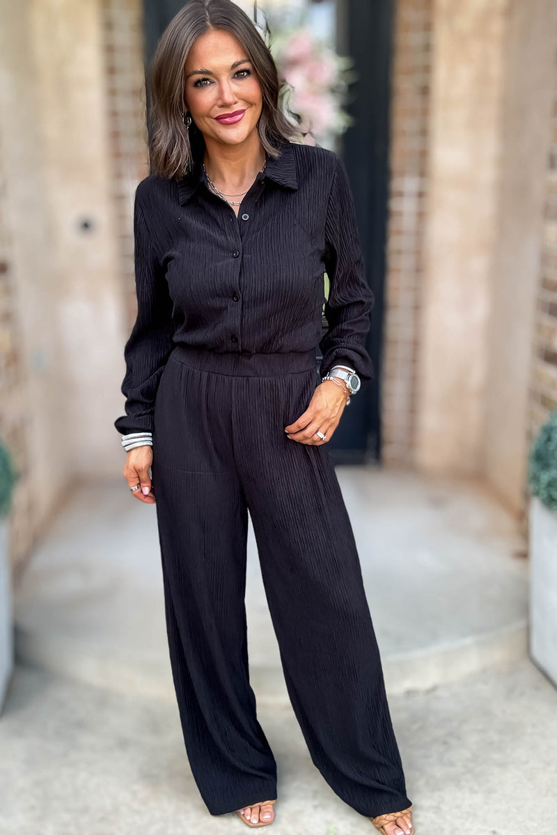 Crinkled Black Plisse Button Up Casual Jumpsuit