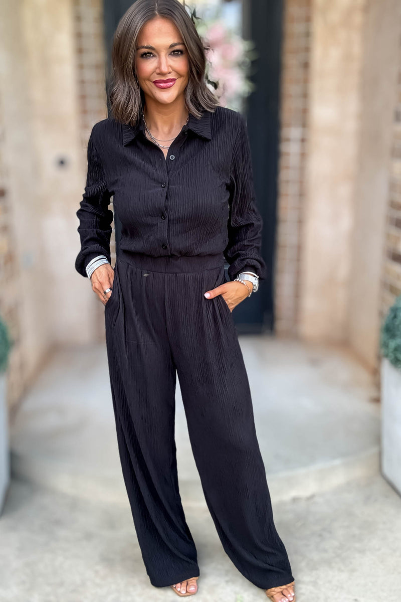 Crinkled Black Plisse Button Up Casual Jumpsuit