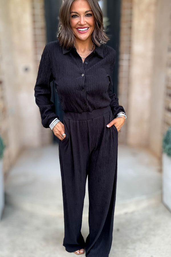 Crinkled Black Plisse Button Up Casual Jumpsuit