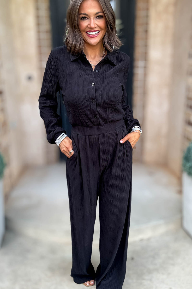 Crinkled Black Plisse Button Up Casual Jumpsuit