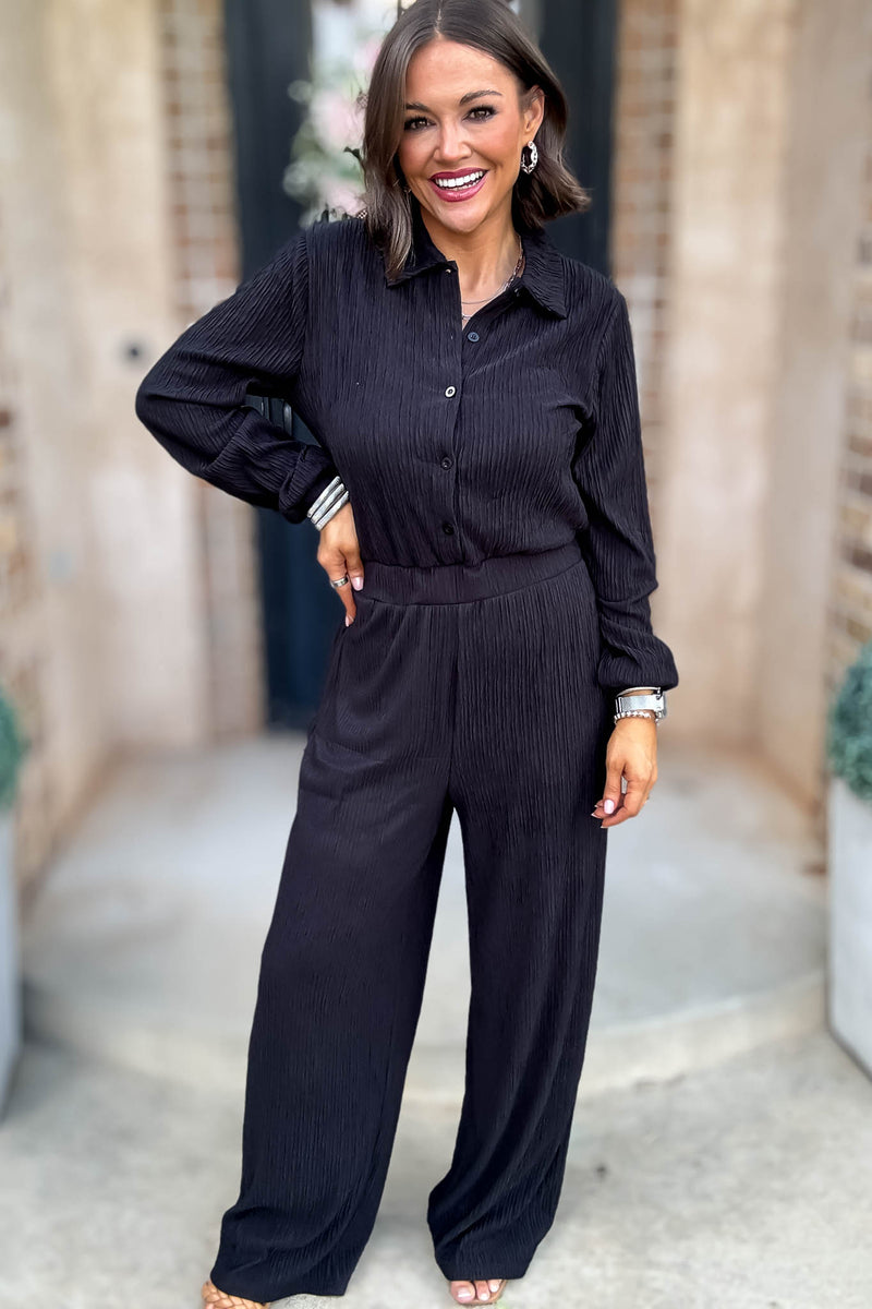Crinkled Black Plisse Button Up Casual Jumpsuit
